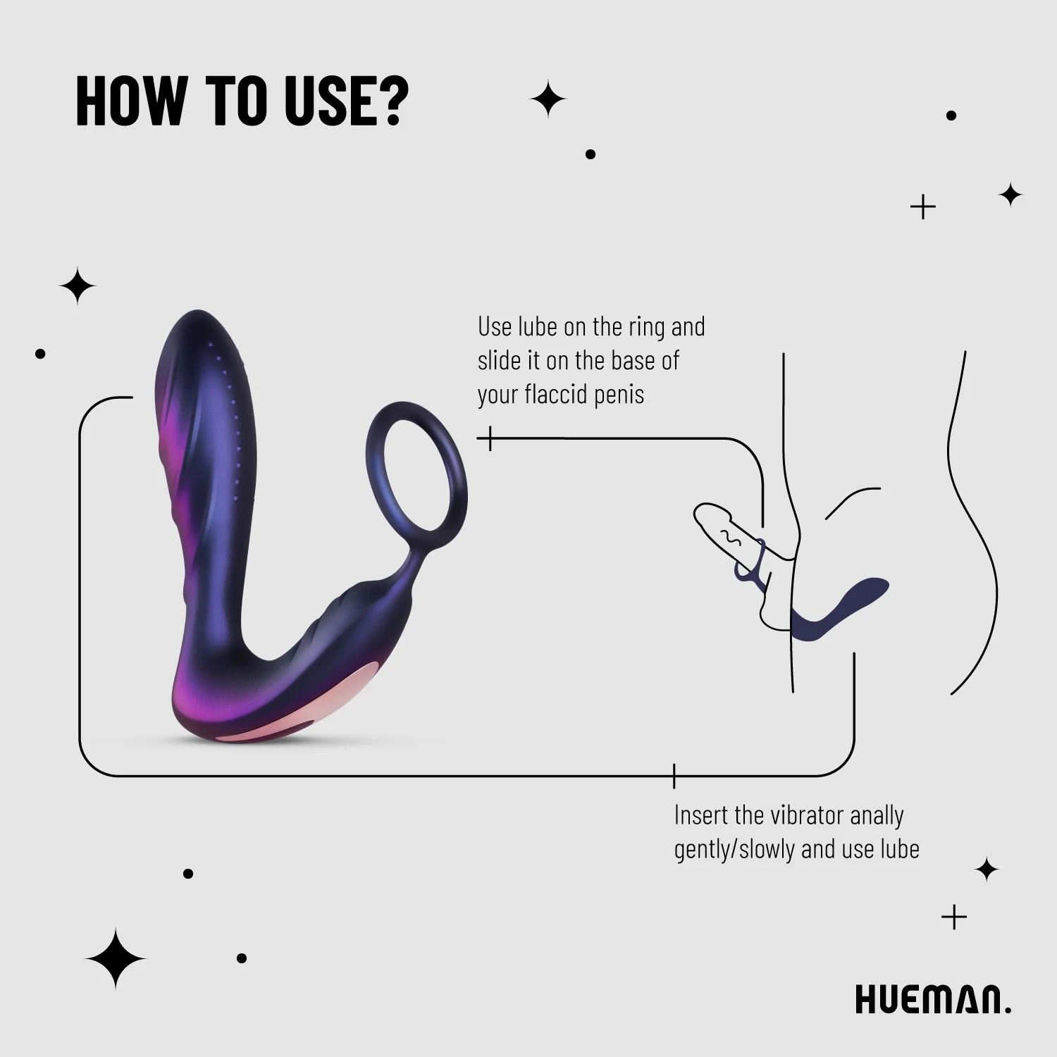 Lila Hueman Analvibrator mit Penisring und Silikonoberfläche