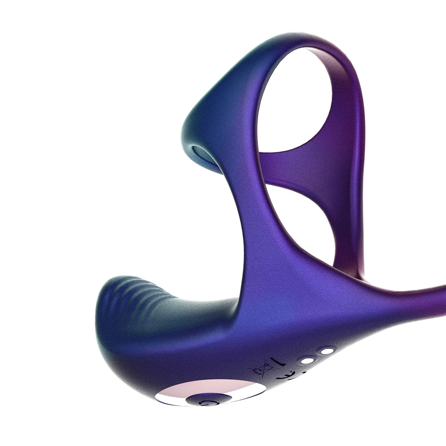 Lila Halo Orbit Cock- und Hodenring von Hueman mit flexiblem Arm und Vibro-Ei