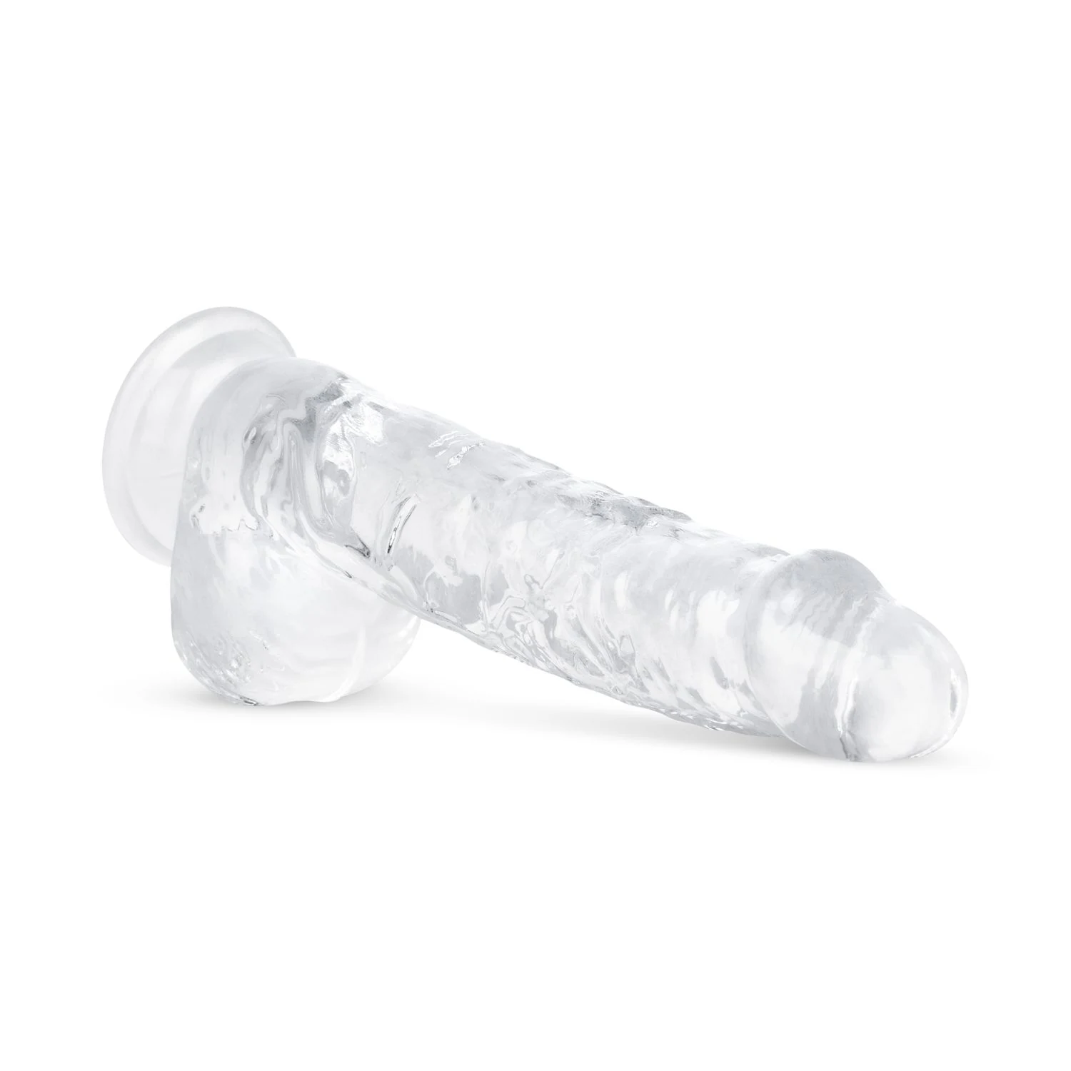 Durchsichtiger Dildo mit realistischer Form, Hoden und strukturiertem Schaft