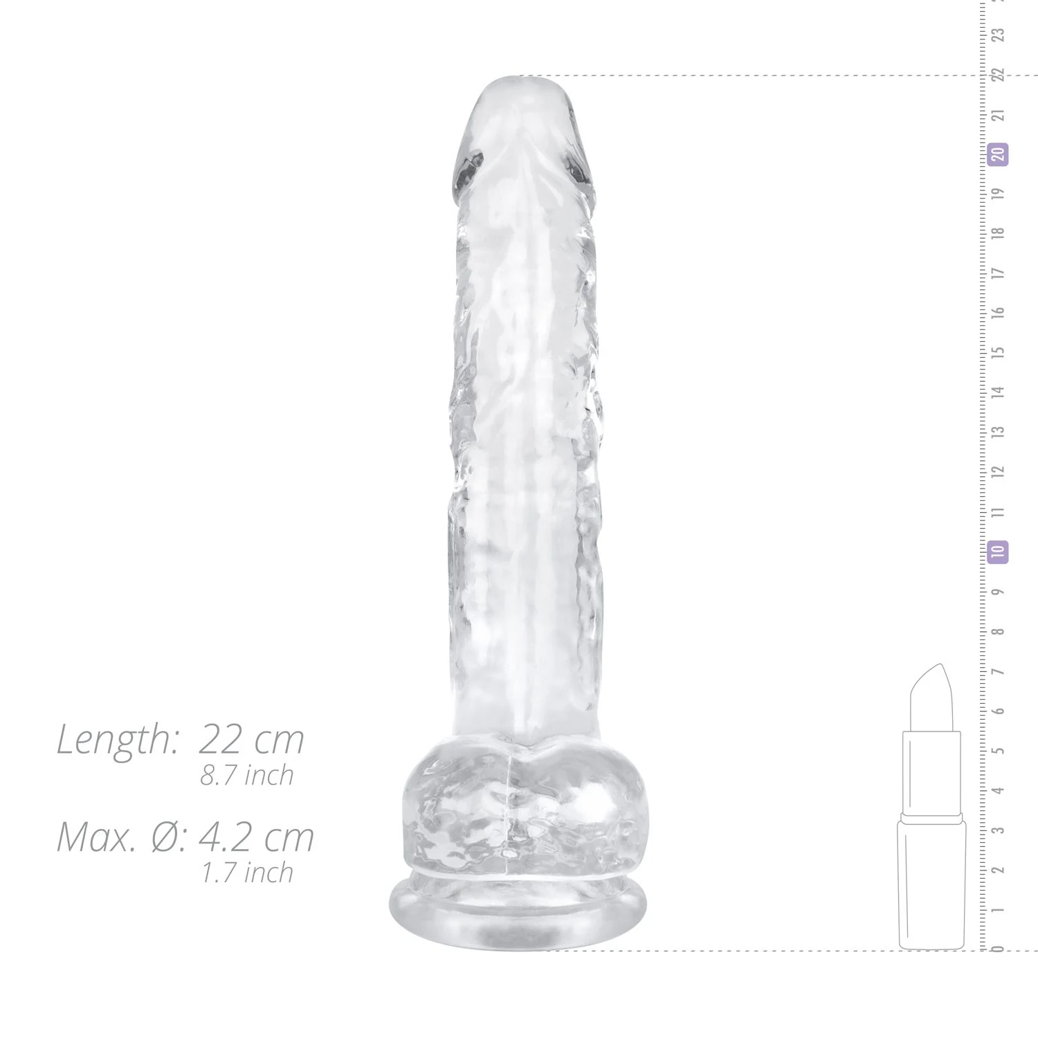 Wasserfester Dildo mit Saugnapf, Hoden und 42 mm maximalem Durchmesser