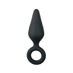 Kleiner Buttplug in Schwarz mit Zugring, 8,5 cm lang und aus Silikon