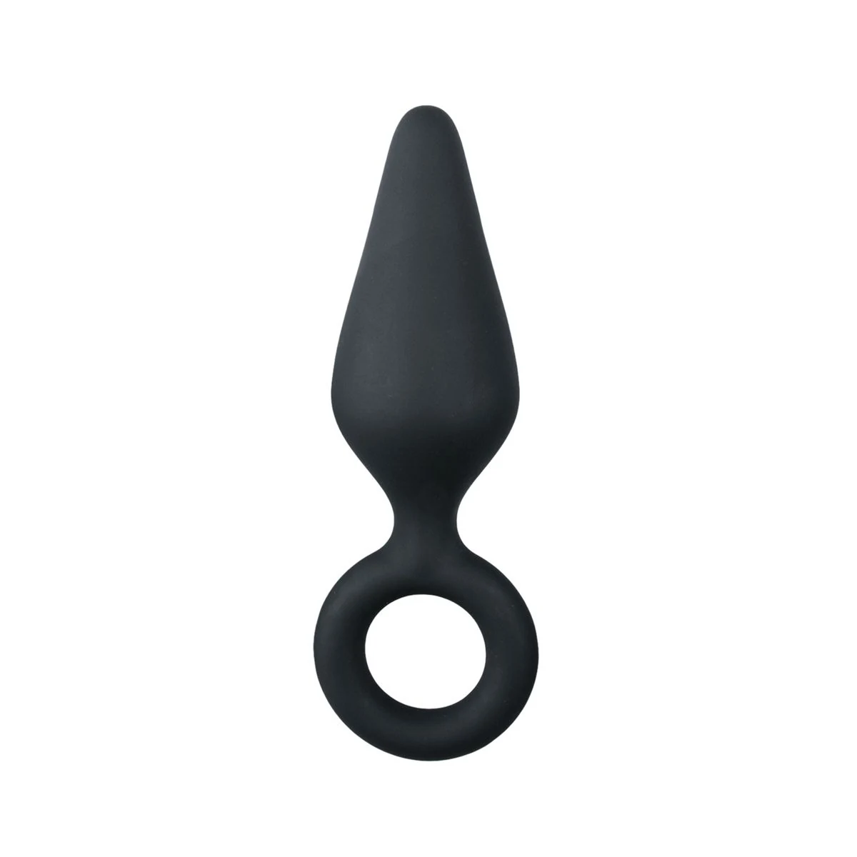 Kleiner Buttplug in Schwarz mit Zugring, 8,5 cm lang und aus Silikon