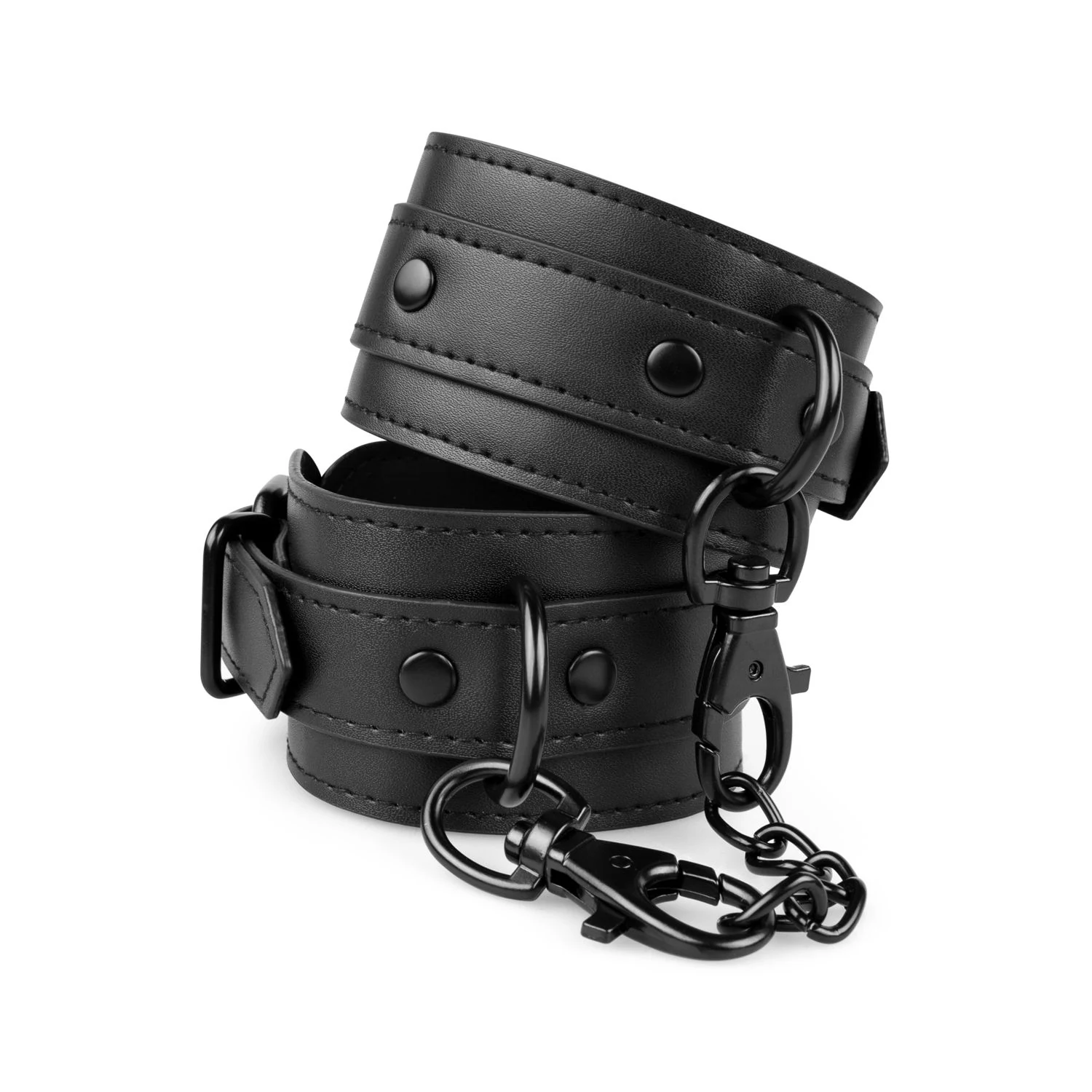 Kunstleder-Handschellen in Schwarz mit Kette und Clips