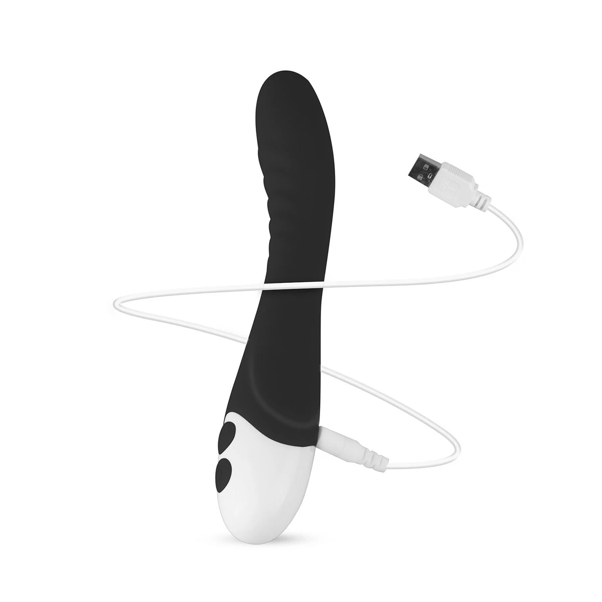 G-Punkt Vibrator Schwarz mit geripptem Schaft und USB-Ladekabel