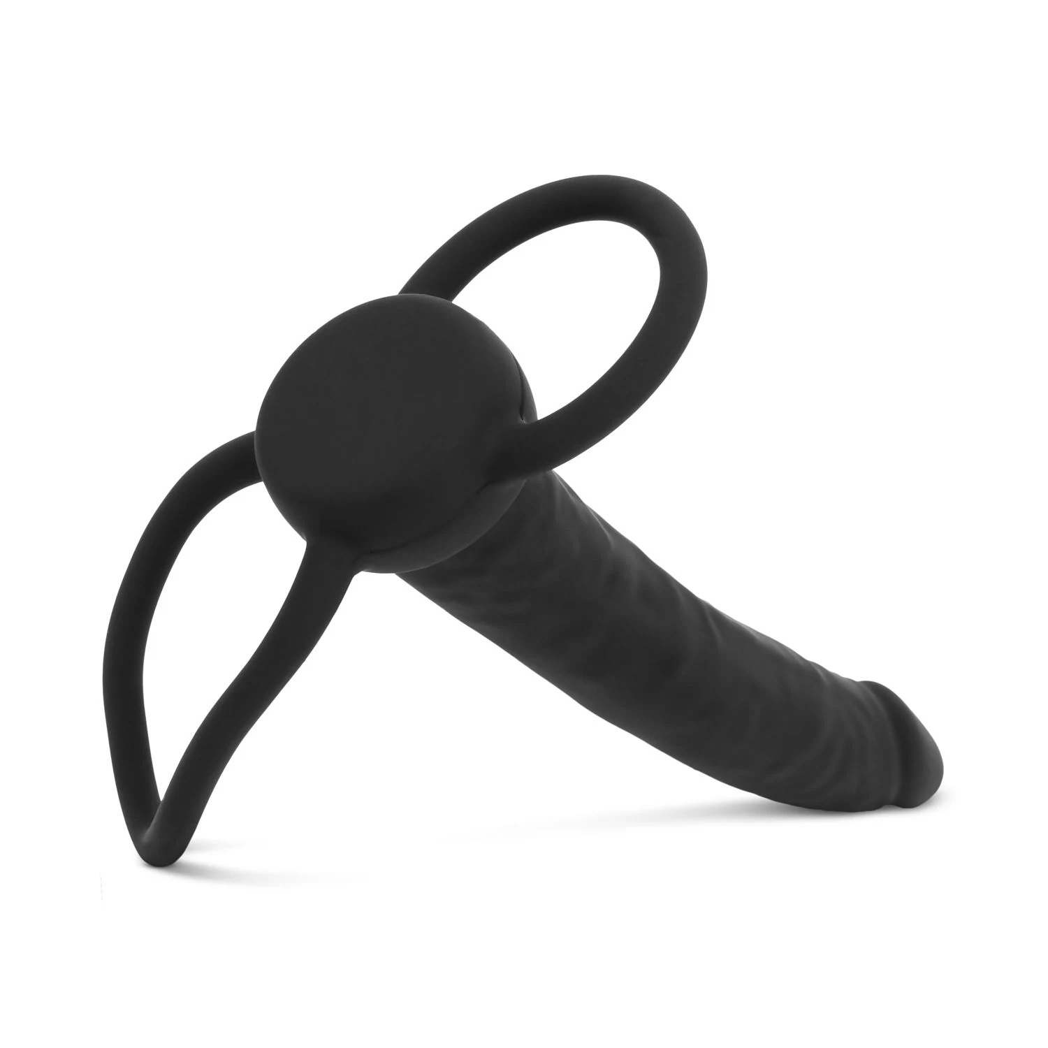 Schwarzer Dildo mit zwei Ringen, kleinem Ring 33 mm und großem Ring 40 mm