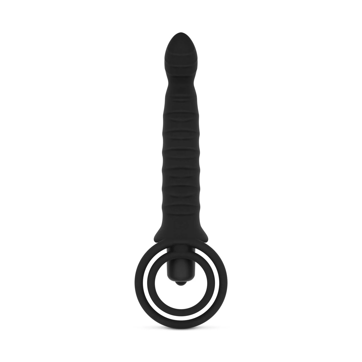 Schwarzer Dildo mit Penisring, geripptem Schaft und gebogener Spitze