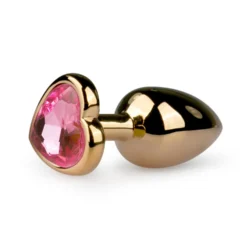 Metall Analplug in Gold mit rosa Herzkristall und flacher Unterseite