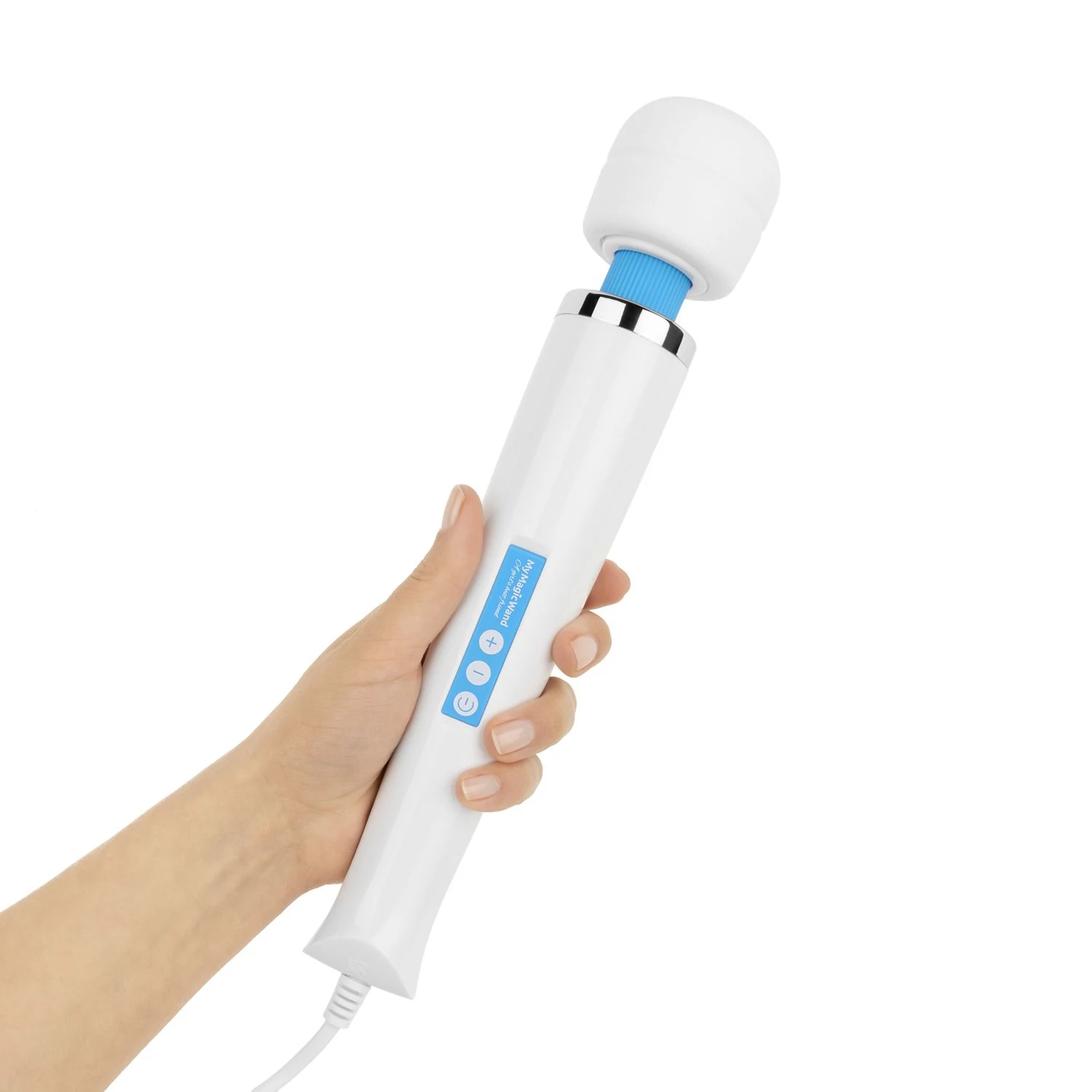Wand Vibrator von MyMagicWand in Blau mit weichem Silikon-Aufsatz