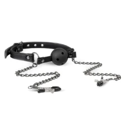 Offener Ballknebel mit Nippelklemmen von Toys Fetish in Schwarz