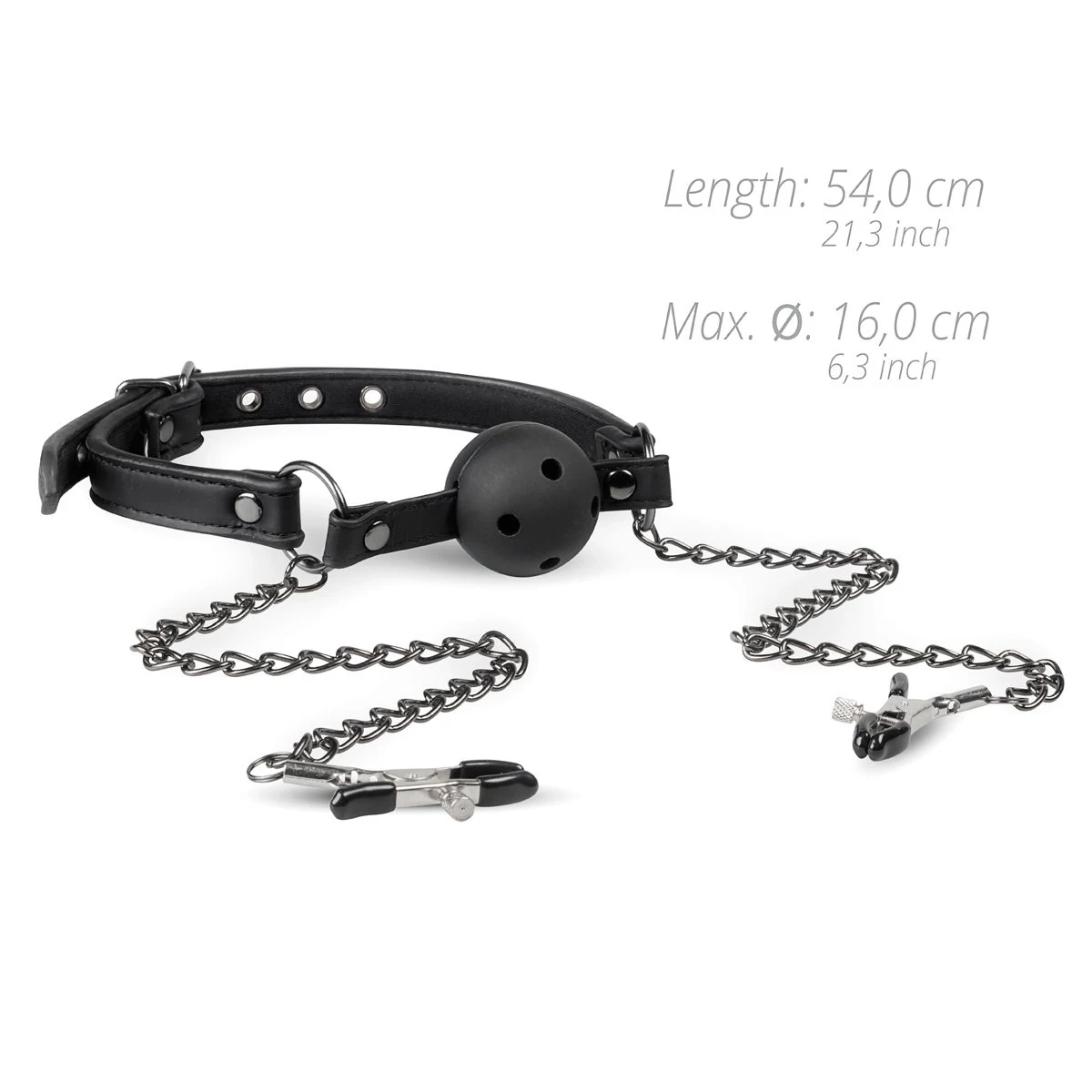 Ballknebel mit 4,3 cm Ball und befestigten Nippelklemmen