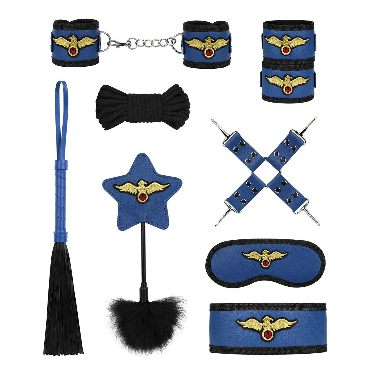Pilot's Passion SM Set in Blau mit 11 Teilen für Bondage und Rollenspiele