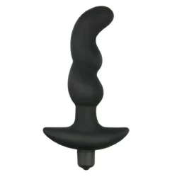 Schwarzer Prostata-Vibrator aus Silikon mit gebogener Spitze und welligem Schaft, 15,5 cm
