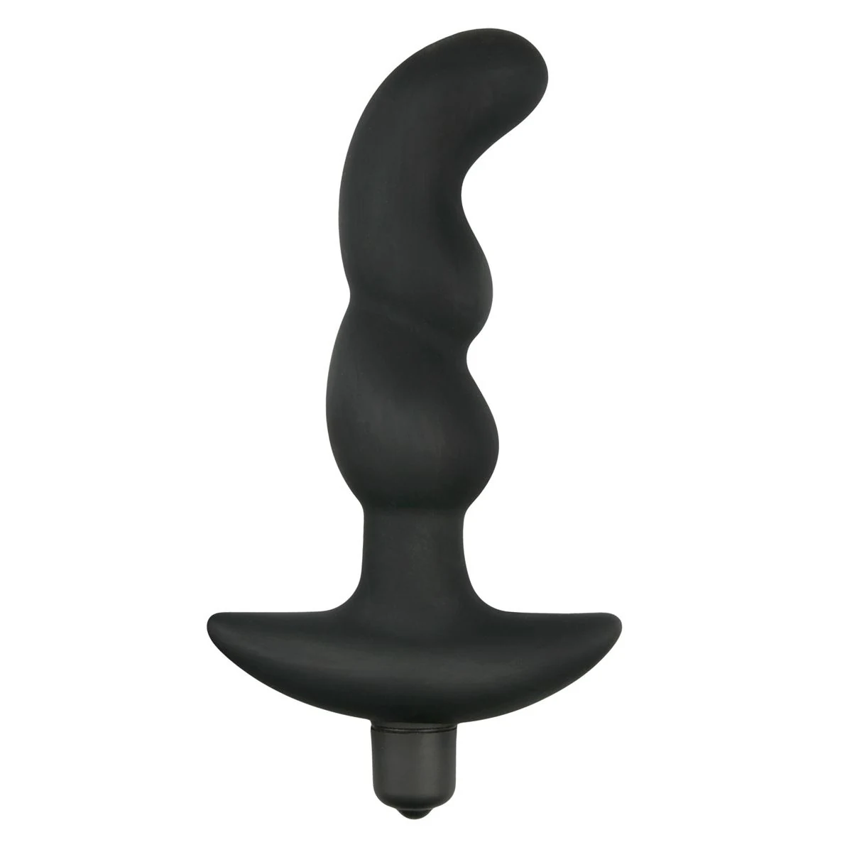 Schwarzer Prostata-Vibrator aus Silikon mit gebogener Spitze und welligem Schaft, 15,5 cm