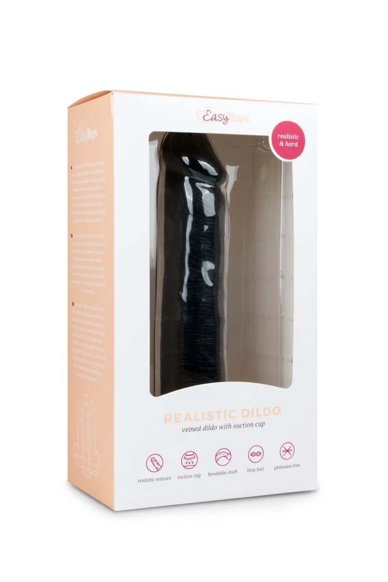 Schwarzer Dildo mit abgerundetem Kopf, Hodensack und realistischer Form