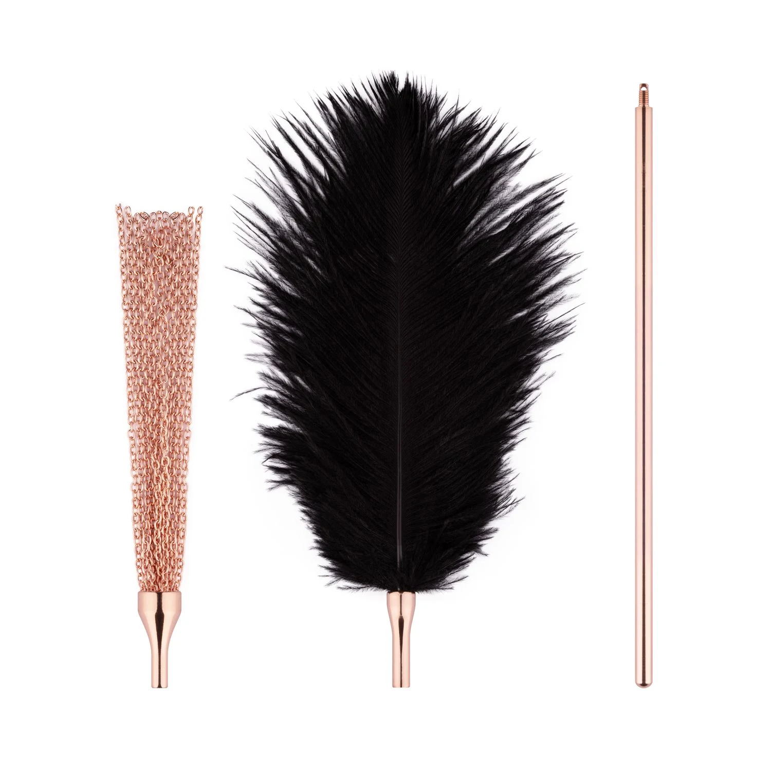 Elegantes BDSM Accessoire in Roségold mit Federkitzler und Kettenpeitsche