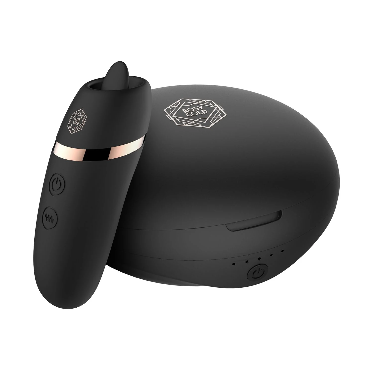Rosy Gold Leckstimulator in Schwarz mit luxuriösem Ladeetui