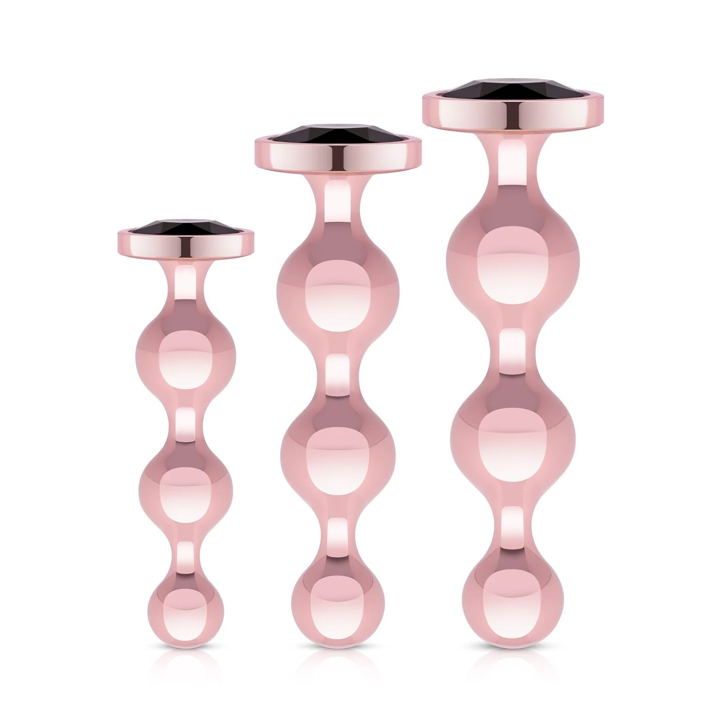 Rosy Gold Metall Analplug Set mit drei roségoldenen Plugs und schwarzer Kristallbasis
