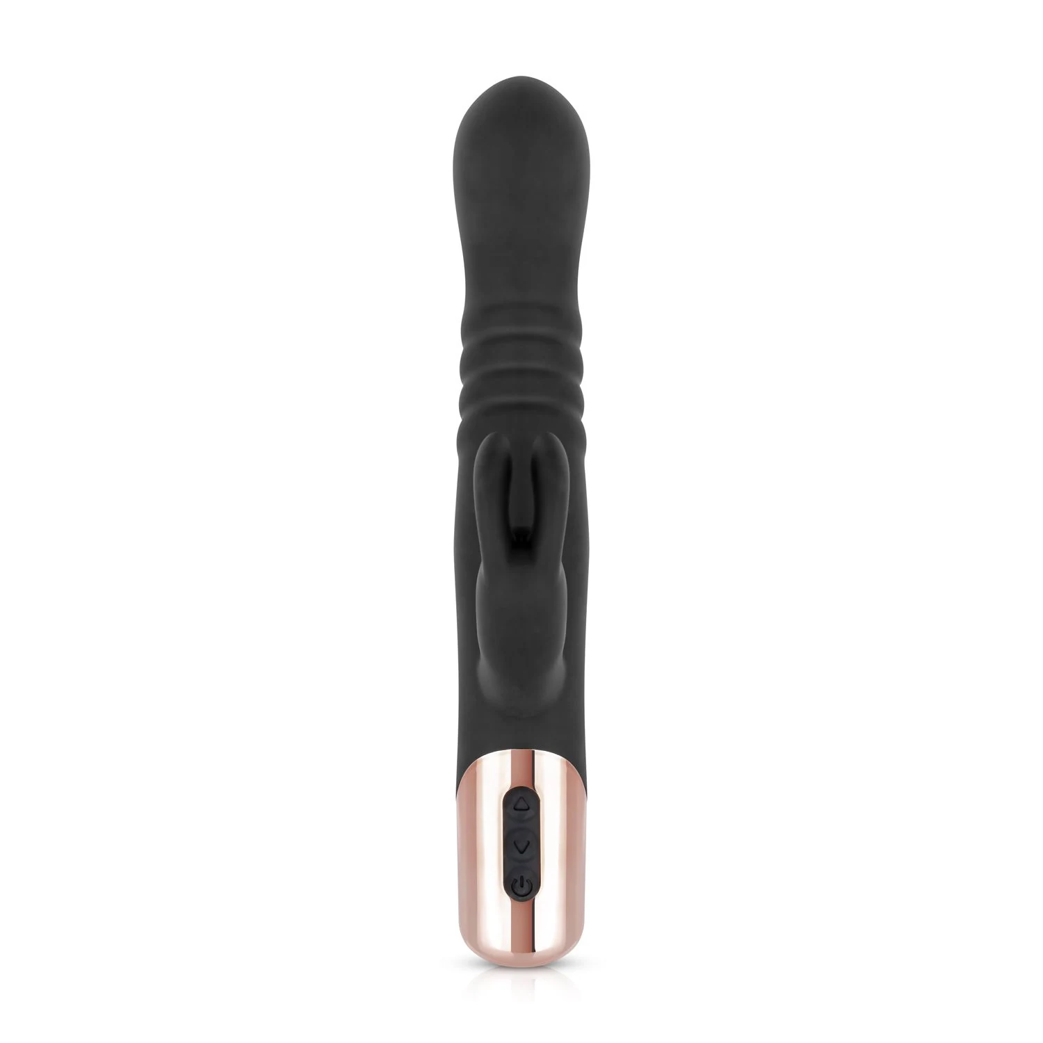 Schwarzer Rabbit Vibrator aus weichem Silikon mit Druckknopf
