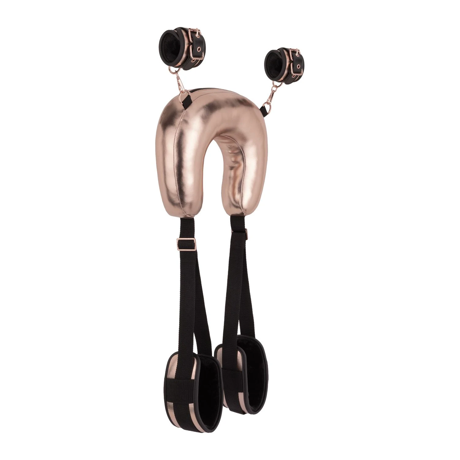 Roségoldenes Bondage Set mit Gurtsystem, Nackenkissen und eleganten Metallakzenten