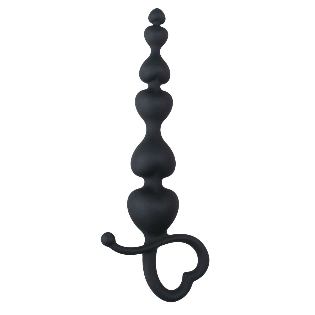 Schwarze Analkugeln aus Silikon mit herzförmigem Griff, 18,5 cm Länge