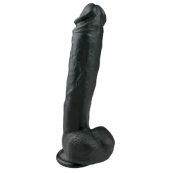 Schwarzer Dildo realistisch mit Saugnapf und Hodensack, 26,5 cm