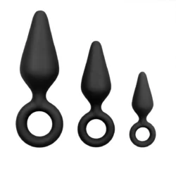 Schwarzes Analplug Set mit drei Größen und Rückholring aus Silikon