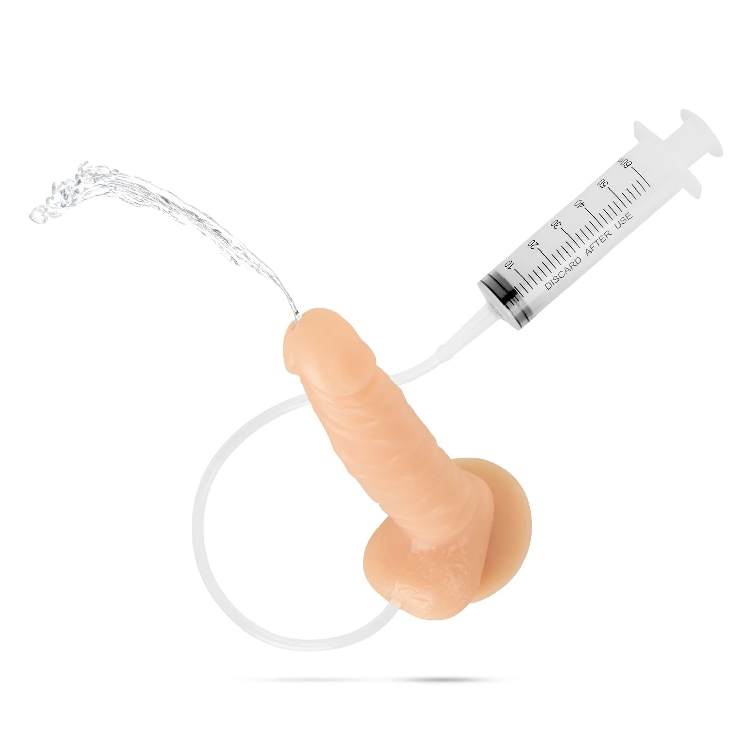Dildo mit Spritze, Saugbasis und beige Farbe für realistische Anwendung
