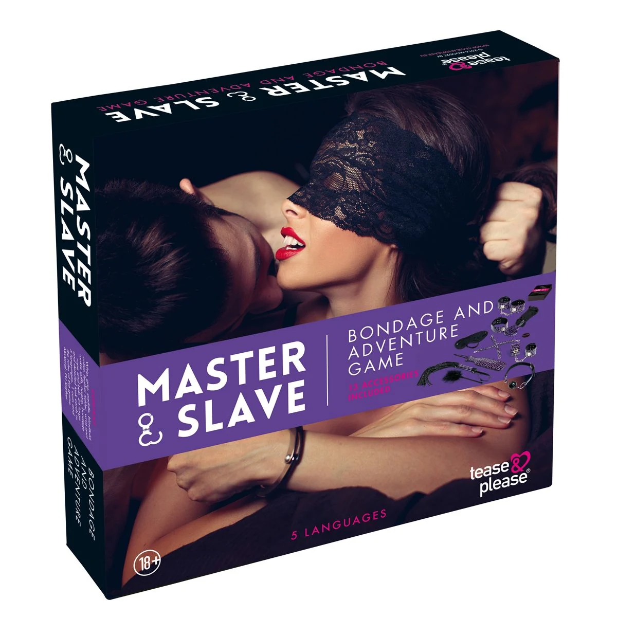 Lila Master & Slave Bondagespiel von Tease & Please mit Fragen, Aufgaben und Zubehör