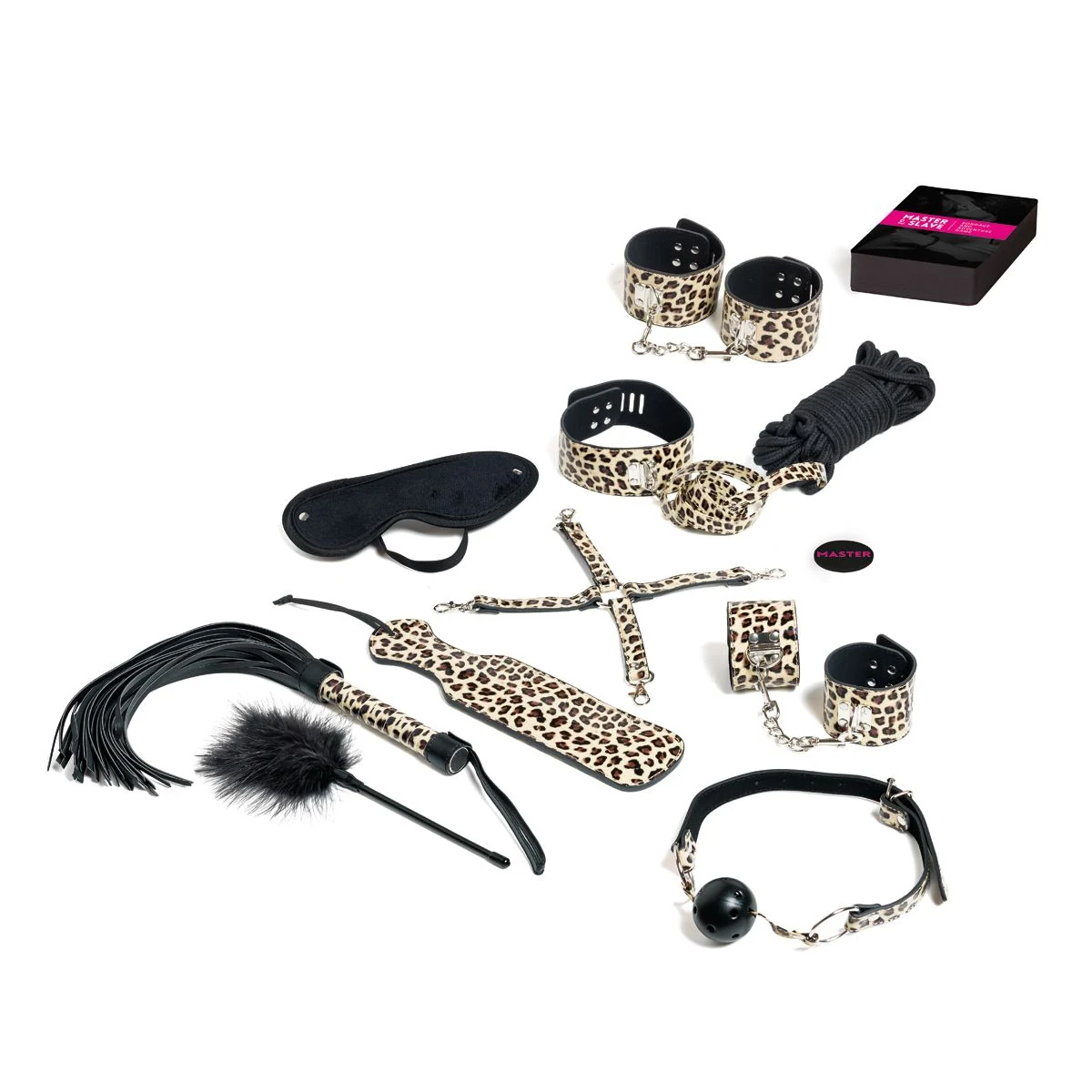 Tease & Please Master & Slave Bondage Set Beige mit BDSM-Spielzeugen im Leopardenmuster