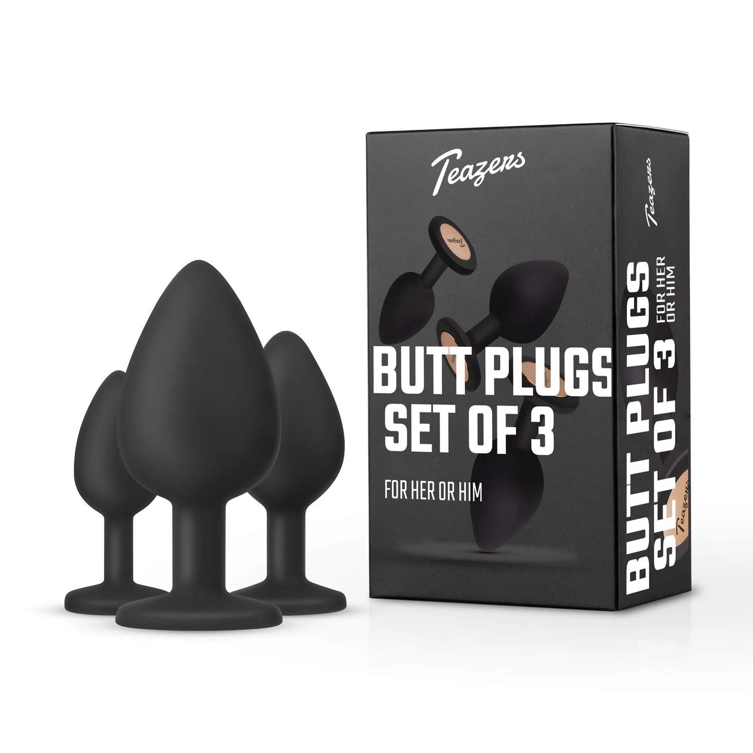 Schwarzes Buttplug Set von Teazers mit kleinem, mittlerem und großem Plug