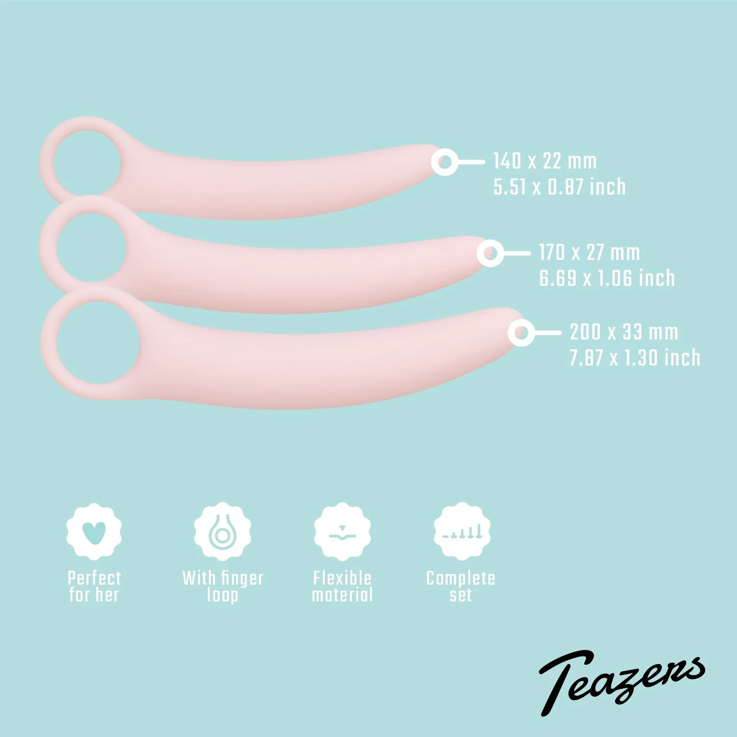Rosa Dilatoren-Set von Teazers aus Silikon mit konisch zulaufenden Formen
