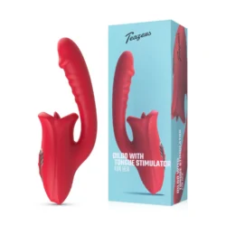 Teazers Dildo mit Klitorisstimulator in Rot mit gerilltem Schaft