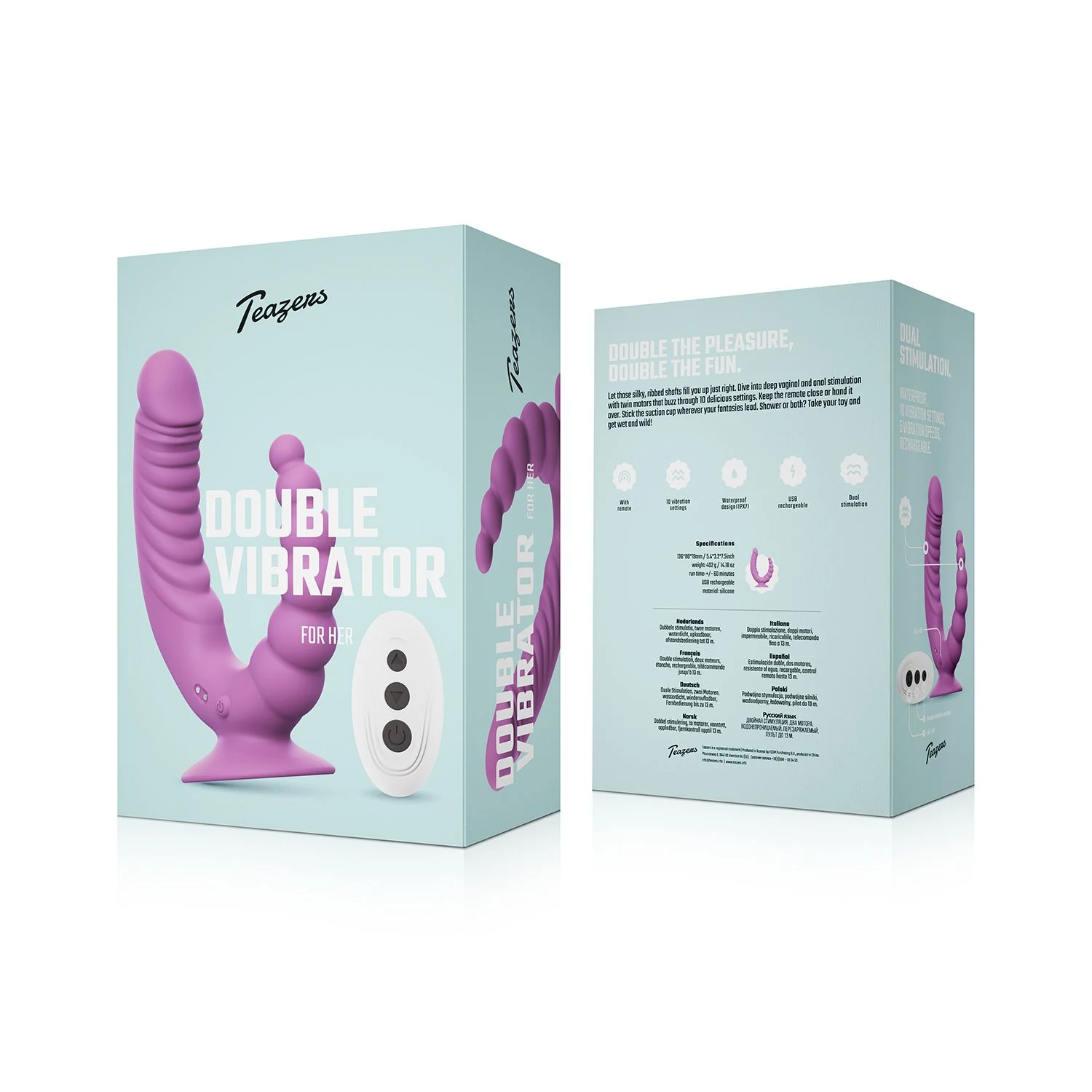 Doppelvibrator mit Saugnapf, Druckknopf-Bedienung und USB-Ladekabel