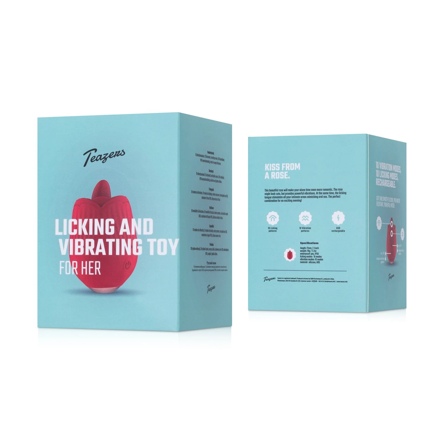 Teazers Rose Vibrator TEA059 mit USB-Ladekabel und Stimulation durch leckende Zunge