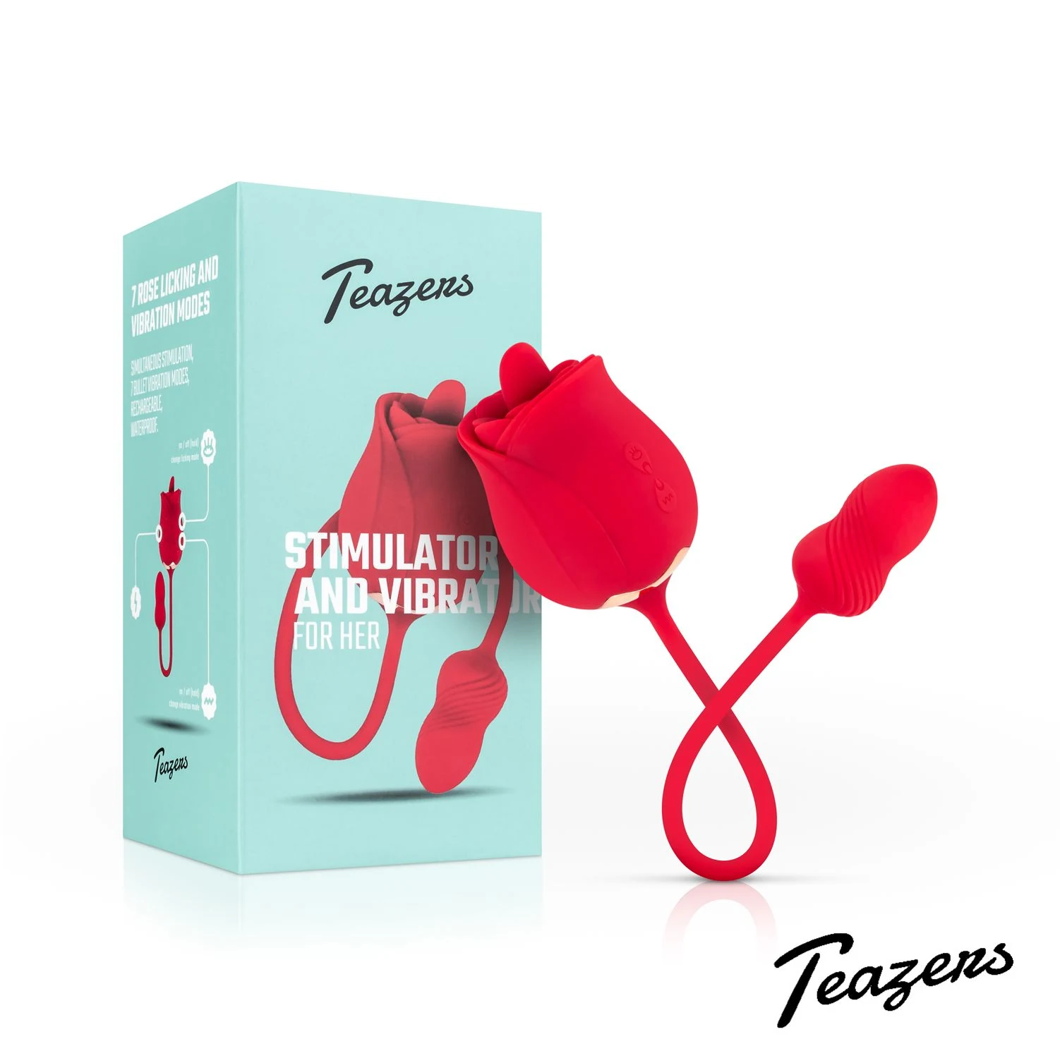 Roter Rose Vibrator von Teazers mit Duo-Vibrator und zwei unabhängigen Motoren