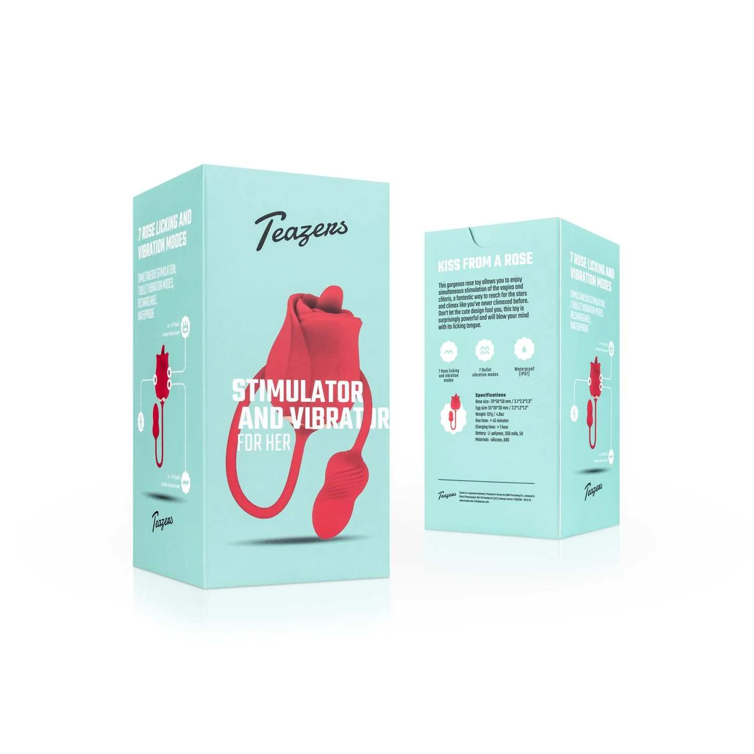Roter Teazers Vibrator mit Rose 78 x 58 x 58 mm und Ei 55 x 30 x 30 mm