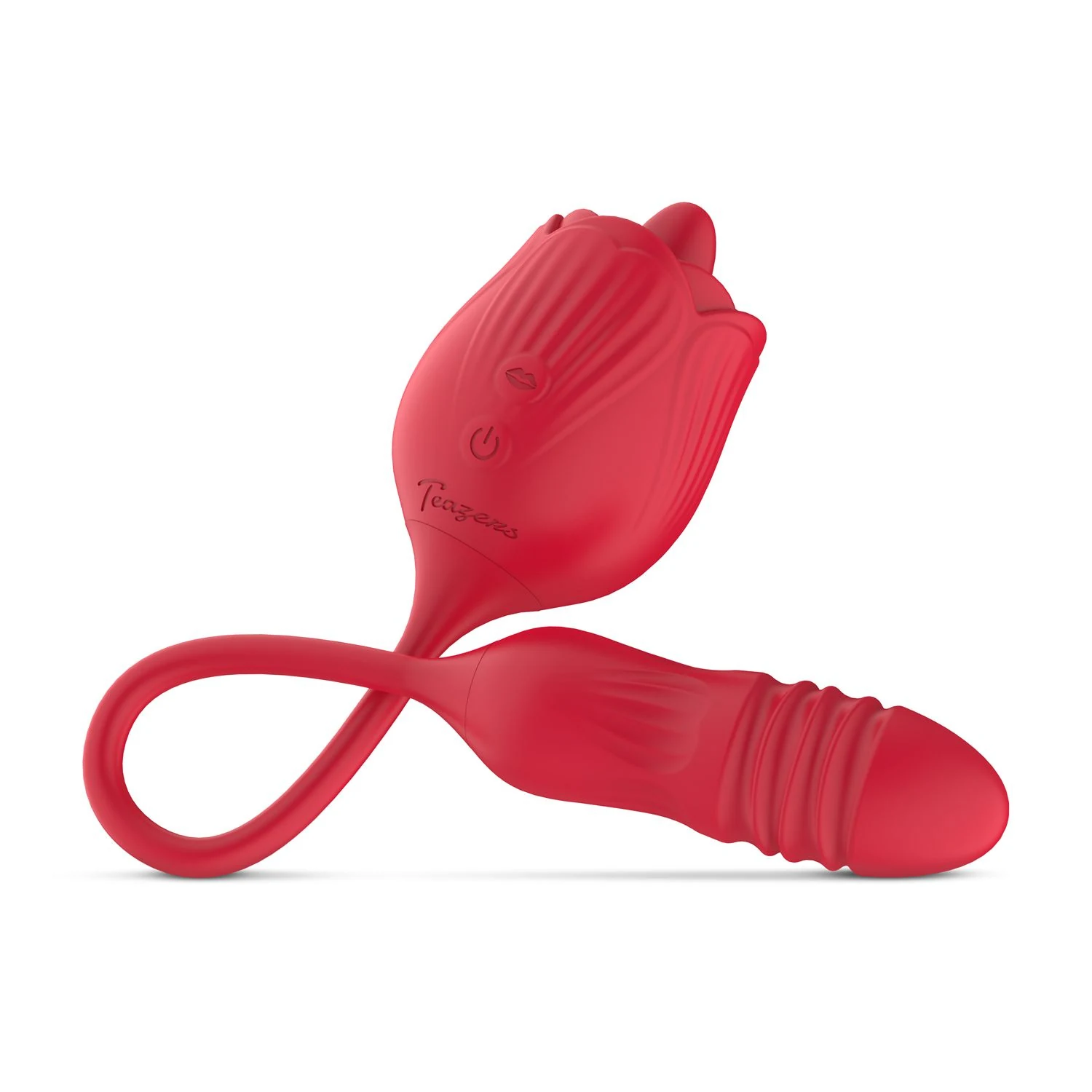 Teazers Rosen Vibrator in Rot mit stoßendem Dildo und leckender Zunge