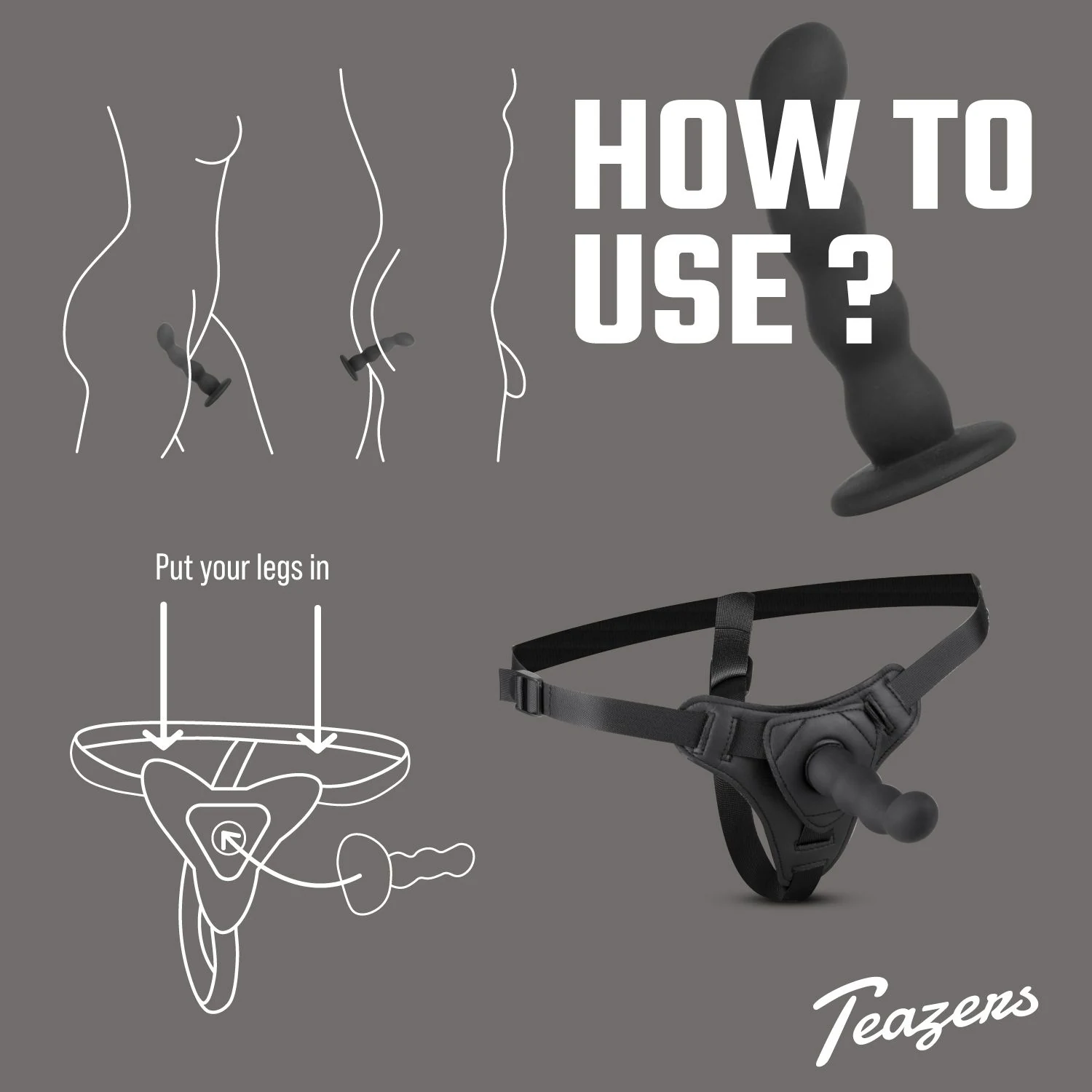 Silikondildo mit Rillen und Gurtzeug im Teazers Strap-On Set Schwarz