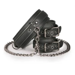 Toys Fetish Bondage Halsband mit Manschetten in Schwarz aus PU-Leder und Metall
