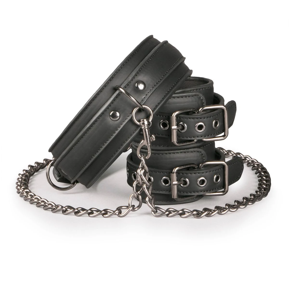 Toys Fetish Bondage Halsband mit Manschetten in Schwarz aus PU-Leder und Metall