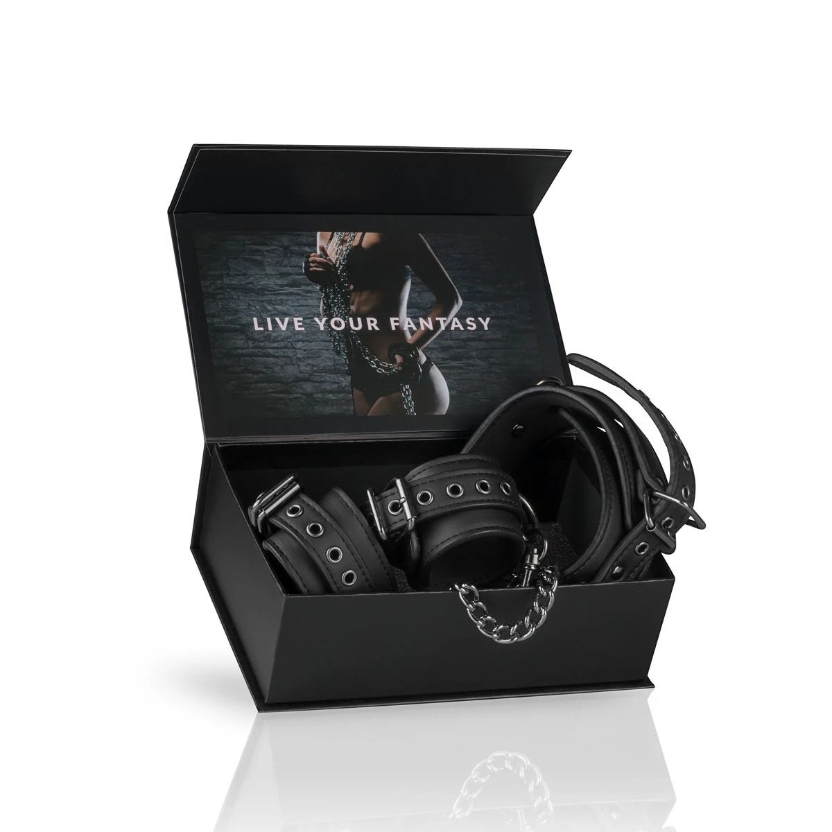Halsband 45 bis 58 cm mit Handgelenkmanschetten 11 bis 28 cm in Schwarz