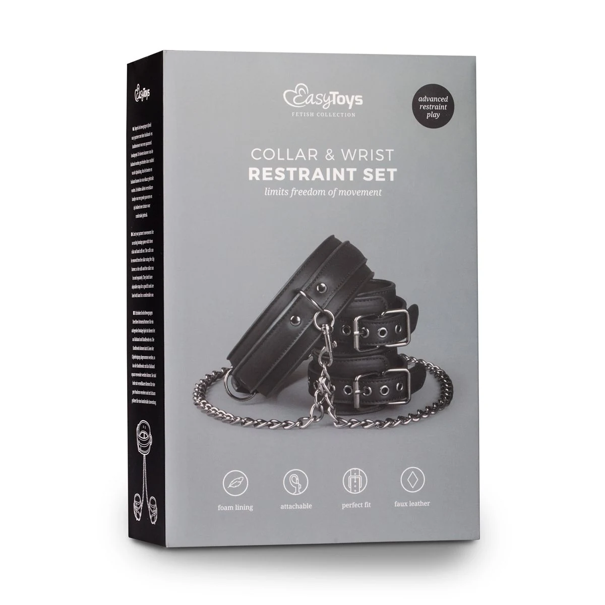 Schwarzes PU-Leder Bondage Halsband mit Manschetten und Metallketten