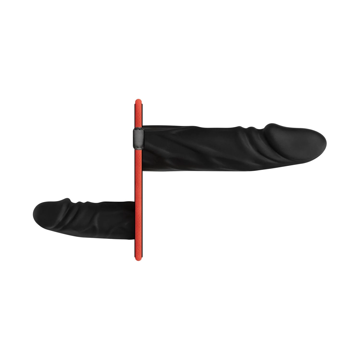 Schwarzes Strap-On Set mit zwei Dildos und realistisch strukturierter Oberfläche