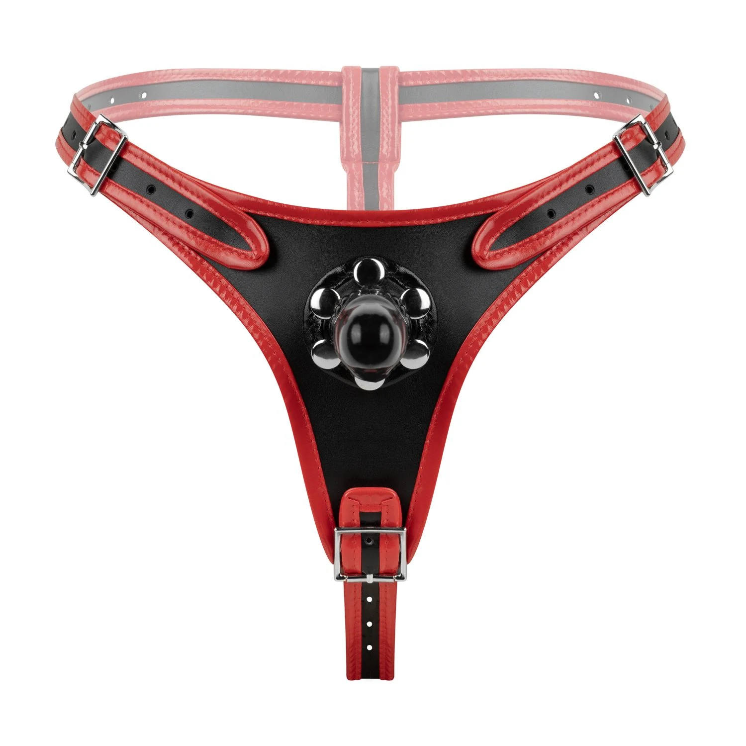 Schwarz-rotes Triple Strap-On Harness mit verstellbaren Gurten