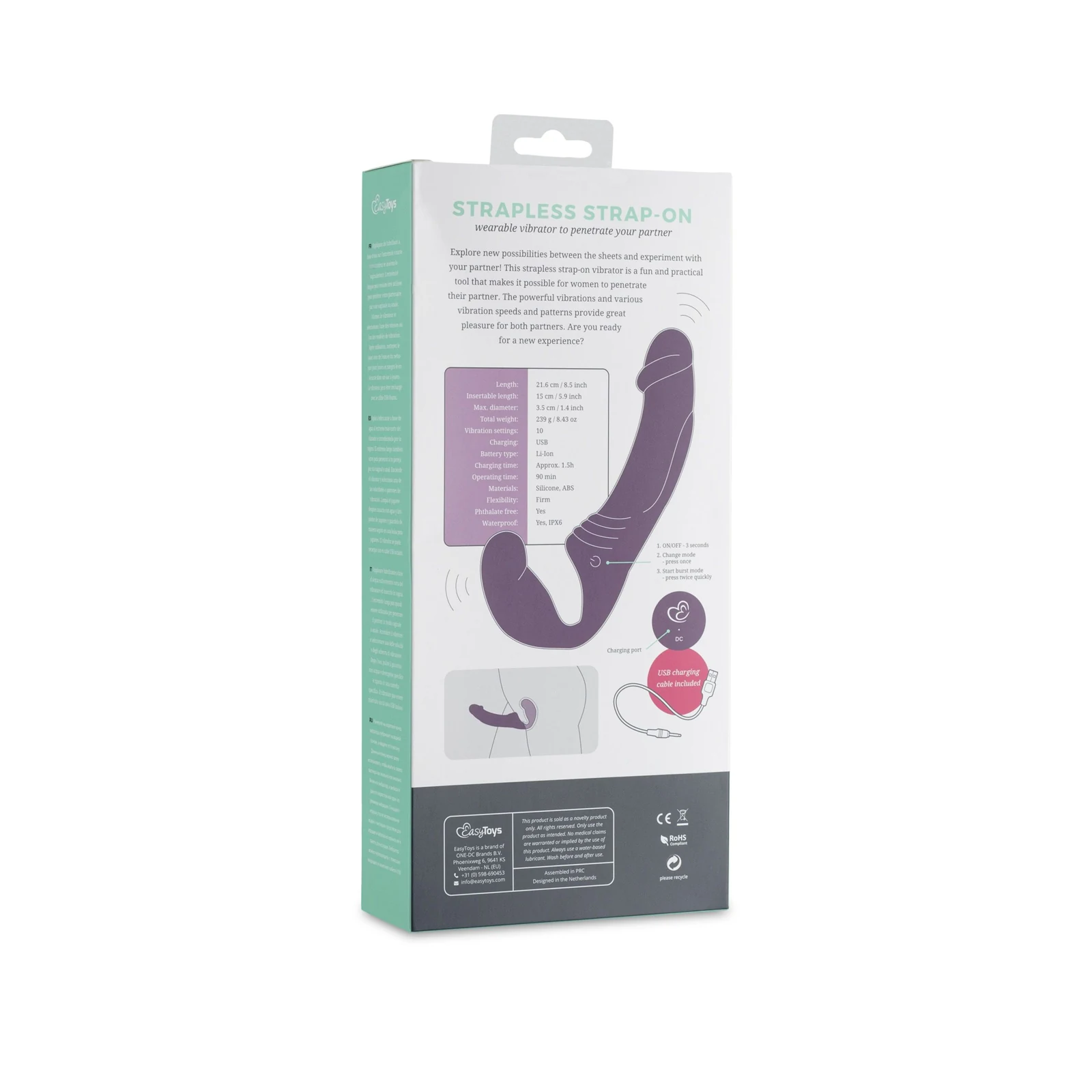 Wasserfester Strap-on-Vibrator lila mit USB-Ladekabel