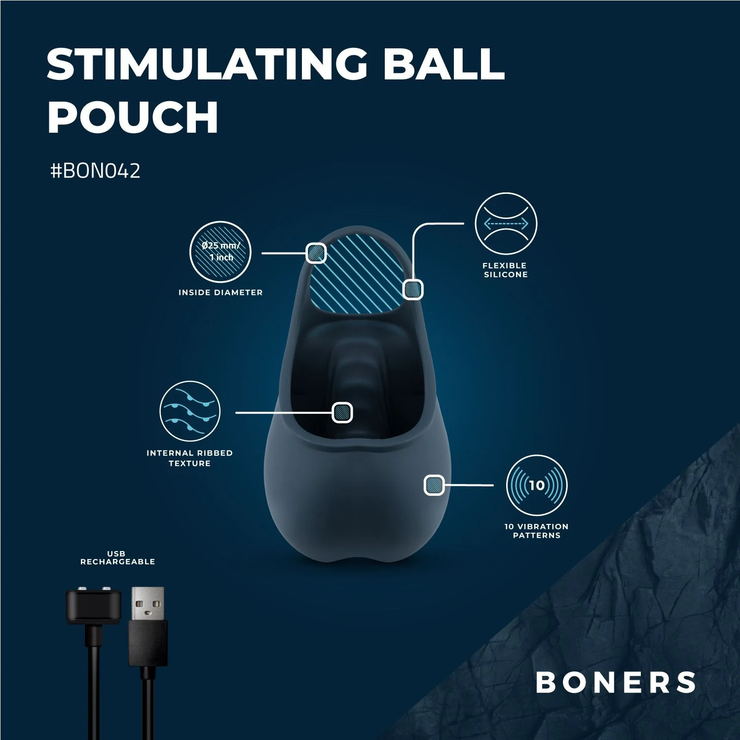Boners Cockring blau mit 10 Vibrationsmodi für Skrotum- und Penis-Stimulation