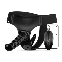 Vibrierendes Strap-On Set in Schwarz mit verstellbarem Harness und zwei Dildos