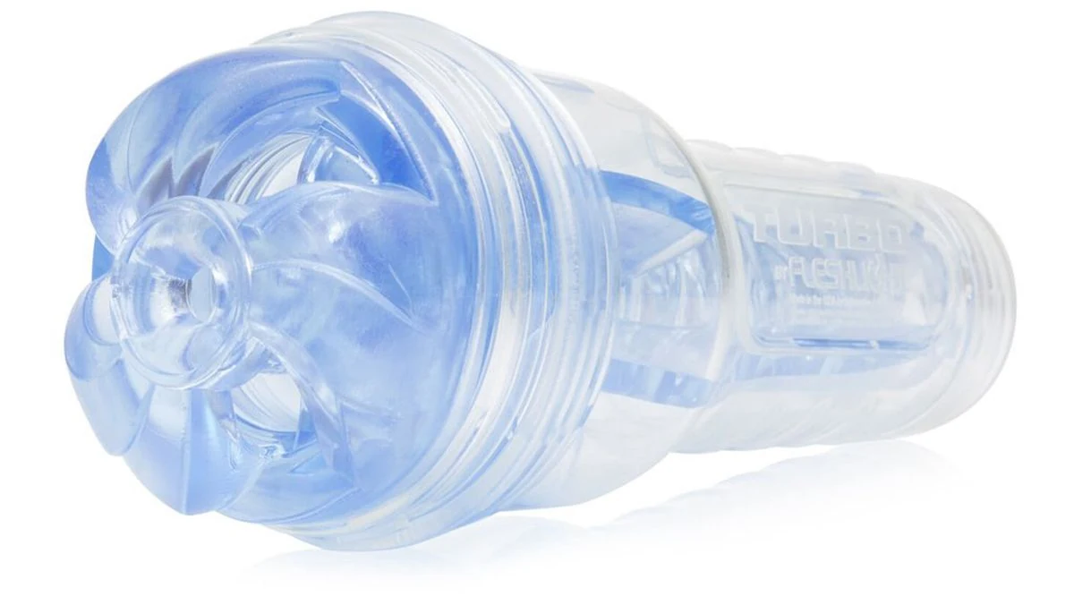 Fleshlight Turbo Thrust Masturbator mit transparentem Gehäuse und eisblauer Hülle