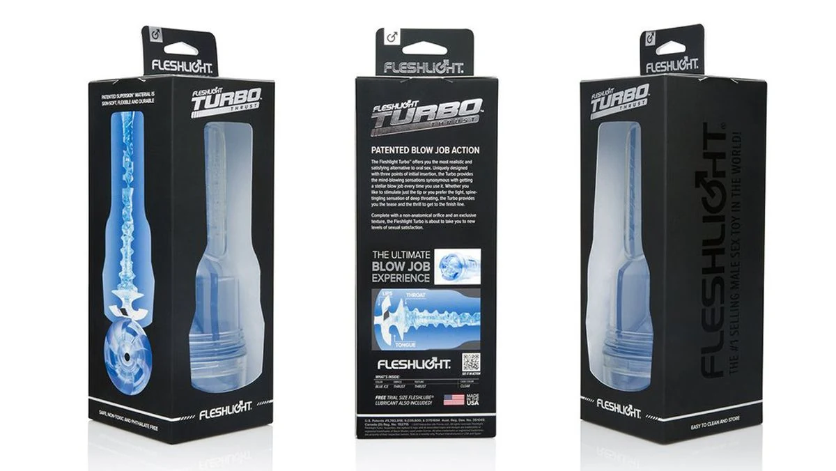 Blauer Fleshlight Masturbator mit Ripples, Noppen und transparentem Gehäuse