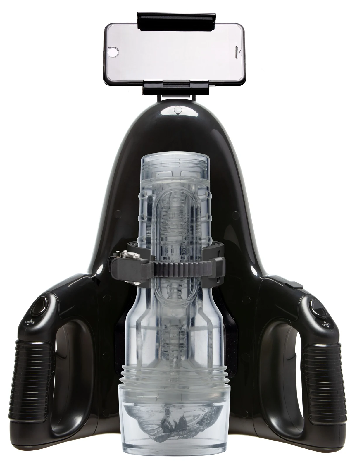 Fleshlight Universal Launch Stroker-Simulator in Schwarz mit Griff und runder Öffnung